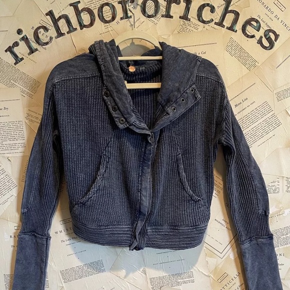 Free People One Mason Hoodie Zip Waffle Knit Slouchy Pockets Wash Dark Blue - Picture 4 of 5